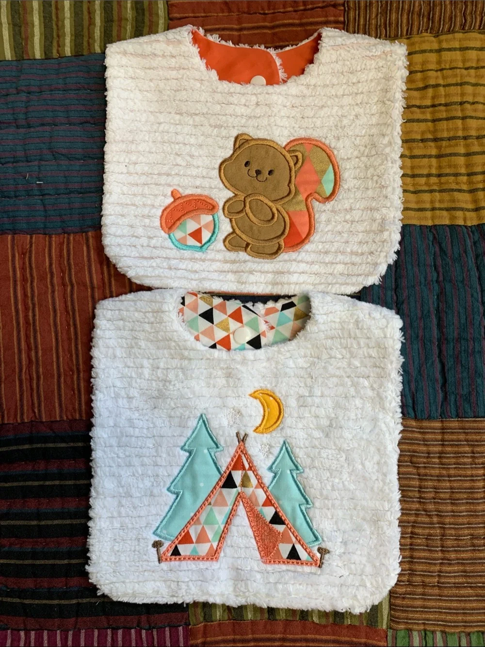 New Baby Bibs with Coral & Aqua Woodland Appliqués (Set of 2)